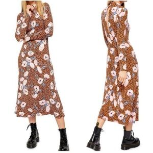 Free People Retro Romance Midi Dress Mock neck size XS Floral leopard print